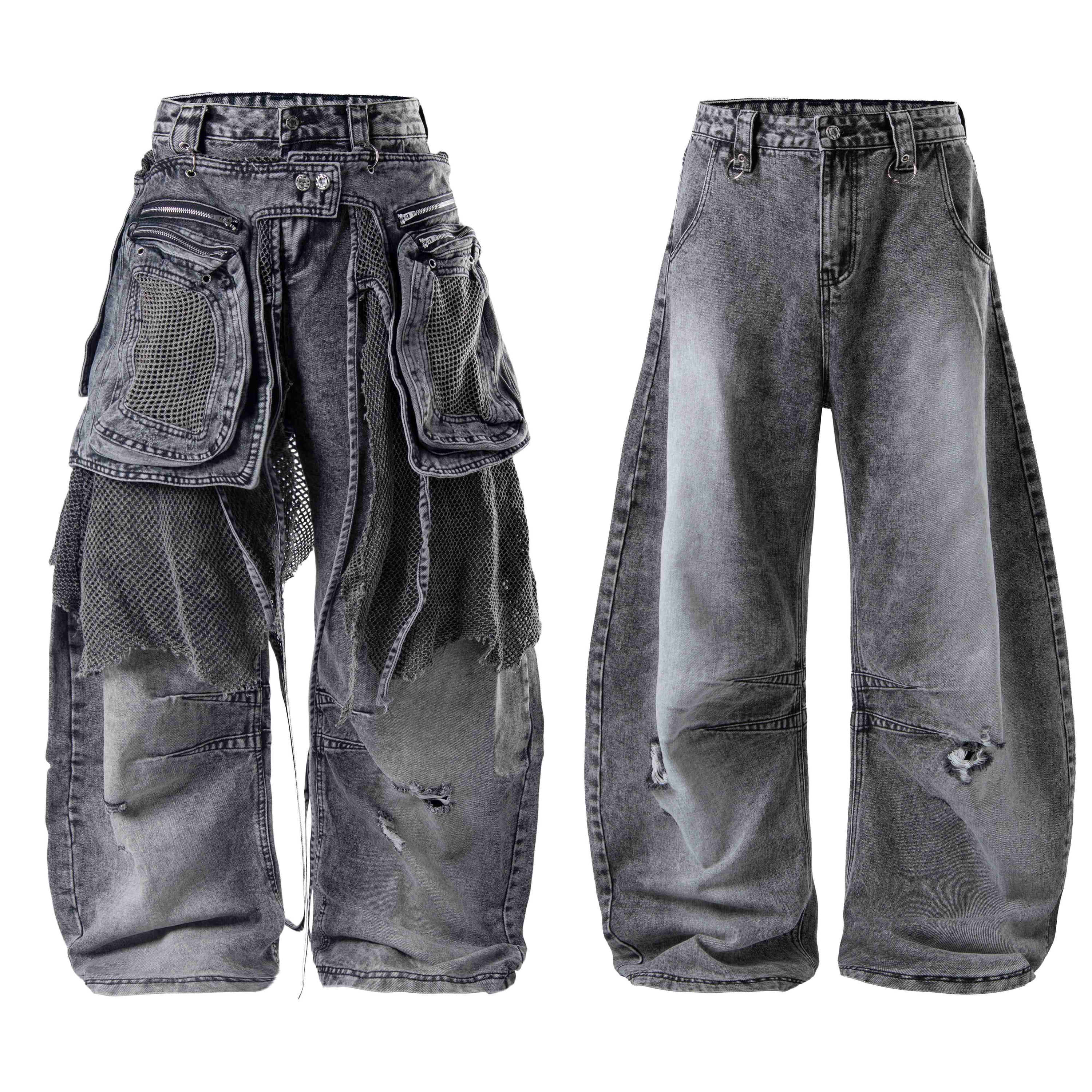 Front and back view of grey acid-wash baggy jeans with detachable mesh cargo pockets and distressed knee detailing