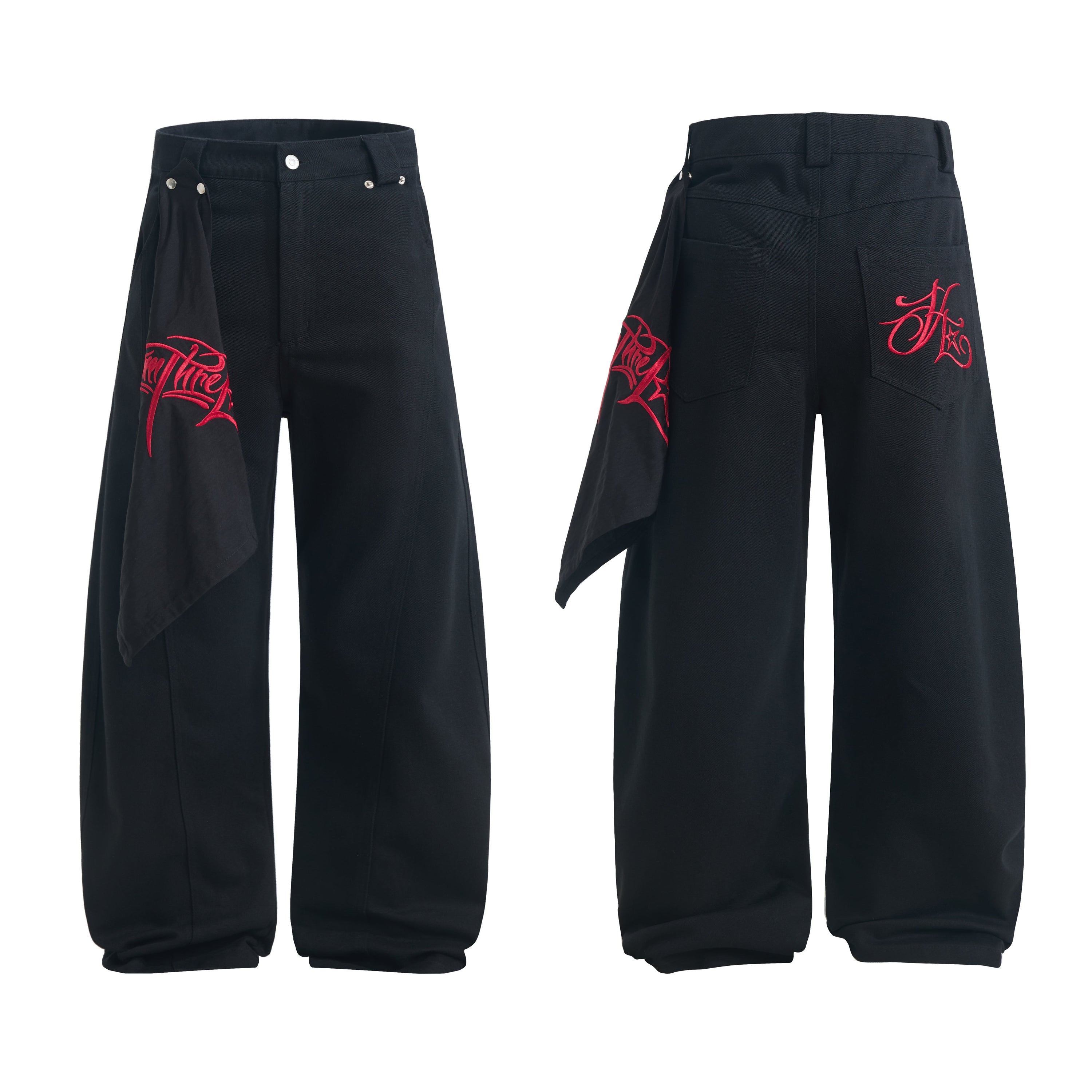 Wide-Leg Jeans with Red Embroidery & Side Drape | SEAKOFF