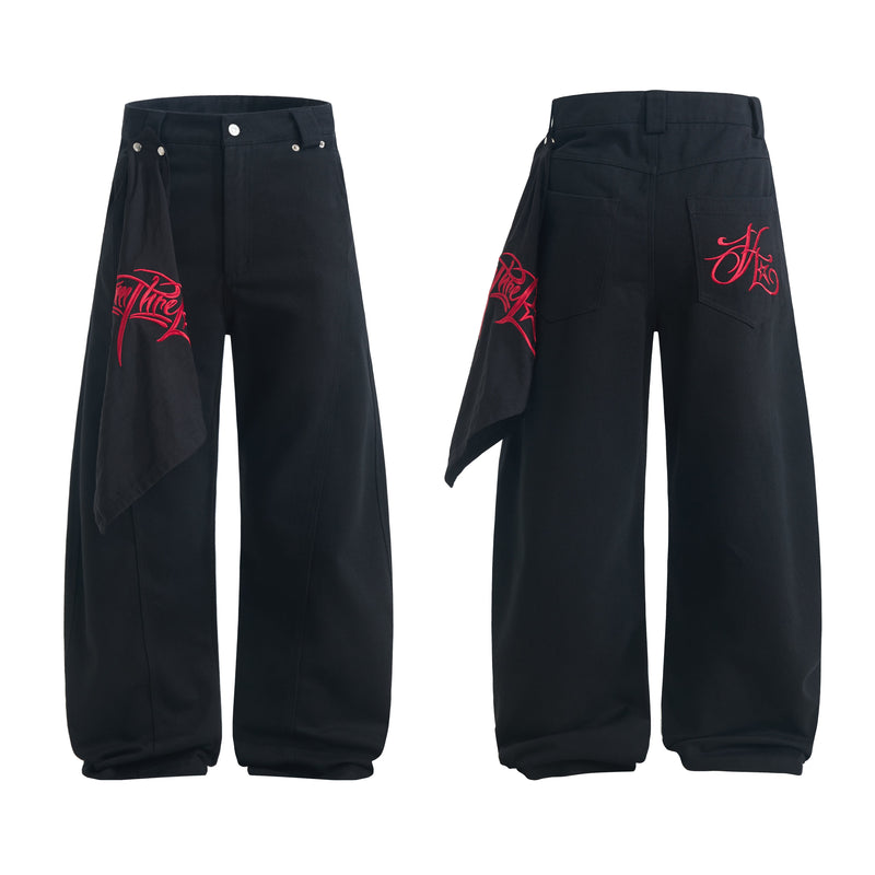 Wide-Leg Jeans with Red Embroidery & Side Drape | SEAKOFF
