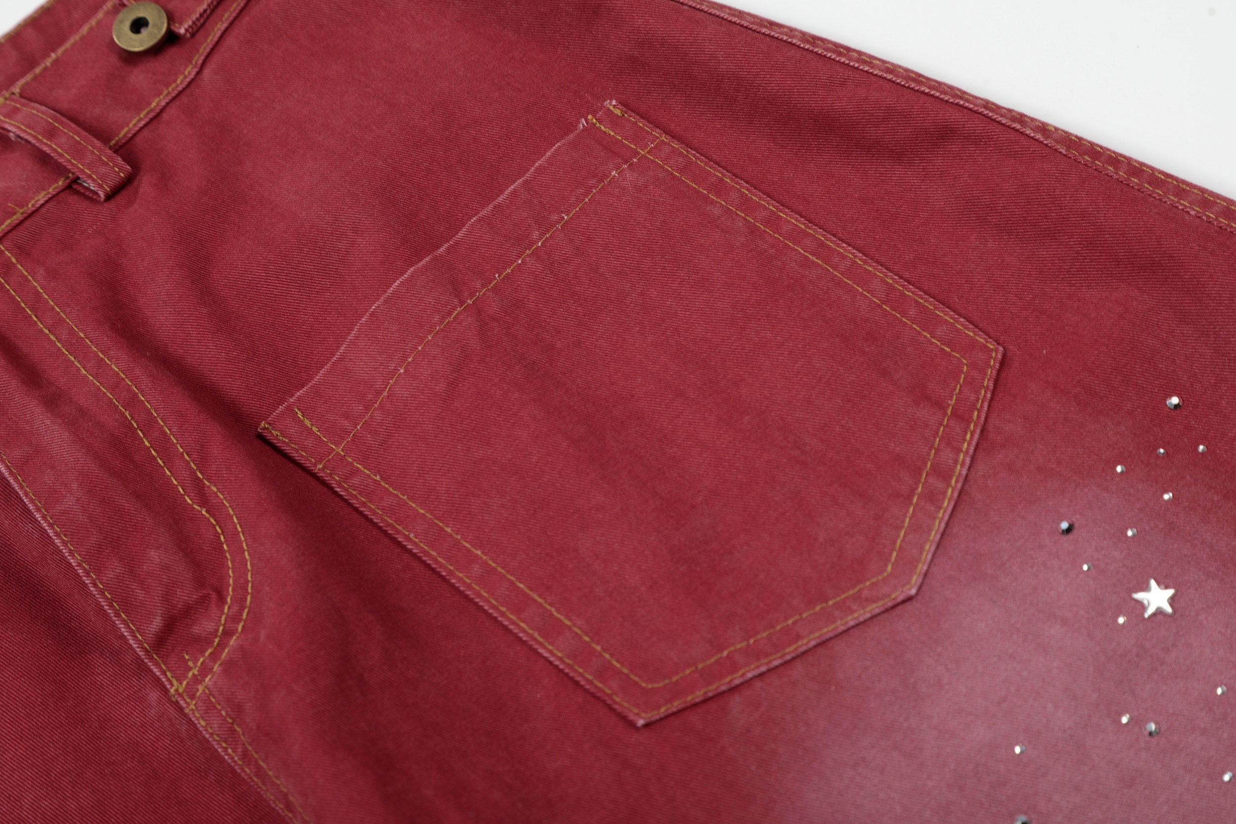 Vintage Red Wide-Leg Jeans | Rhinestone Star Splatter Denim