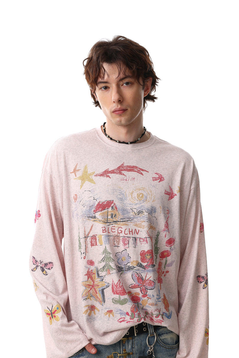 Model wearing light pink long sleeve tee with vintage sketch print and butterfly sleeve details