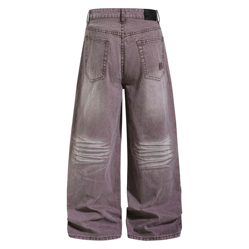 Brown wide-leg faded denim pants, back view with back pockets