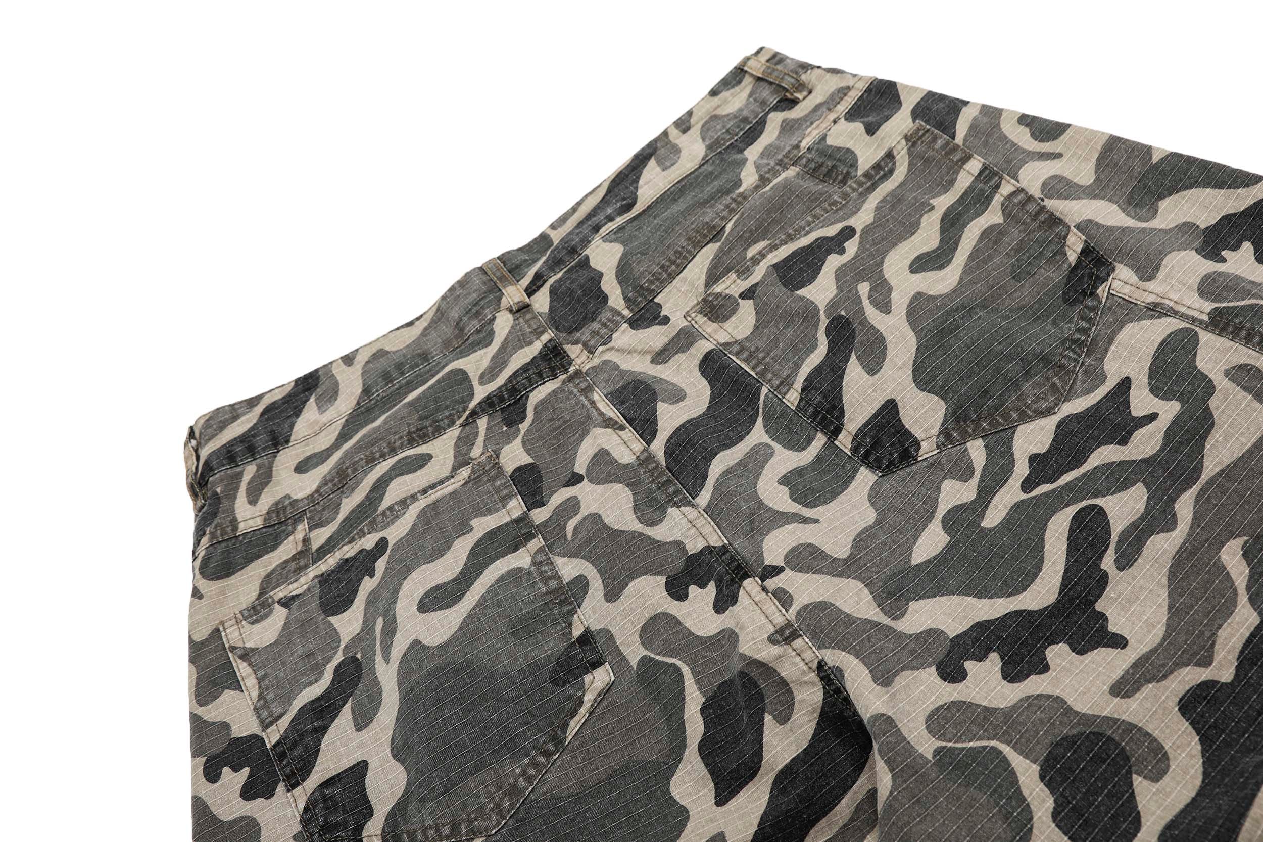 Grey Camo Barrel Pants | Wide-Leg Ripstop Cotton Trousers