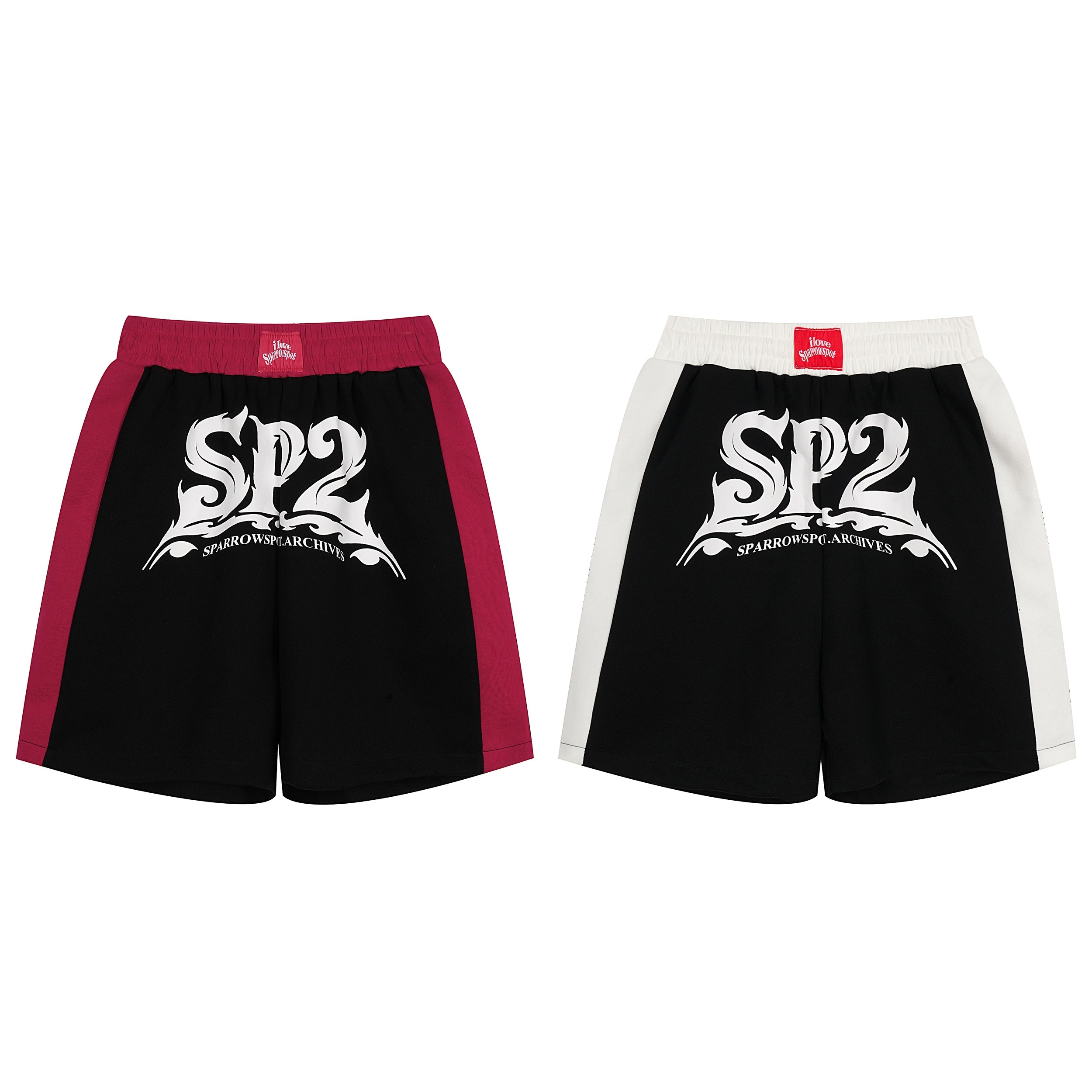 SP2 Sparrowspot Archives logo sport shorts in black with red and white contrast side panels, flat lay product shot