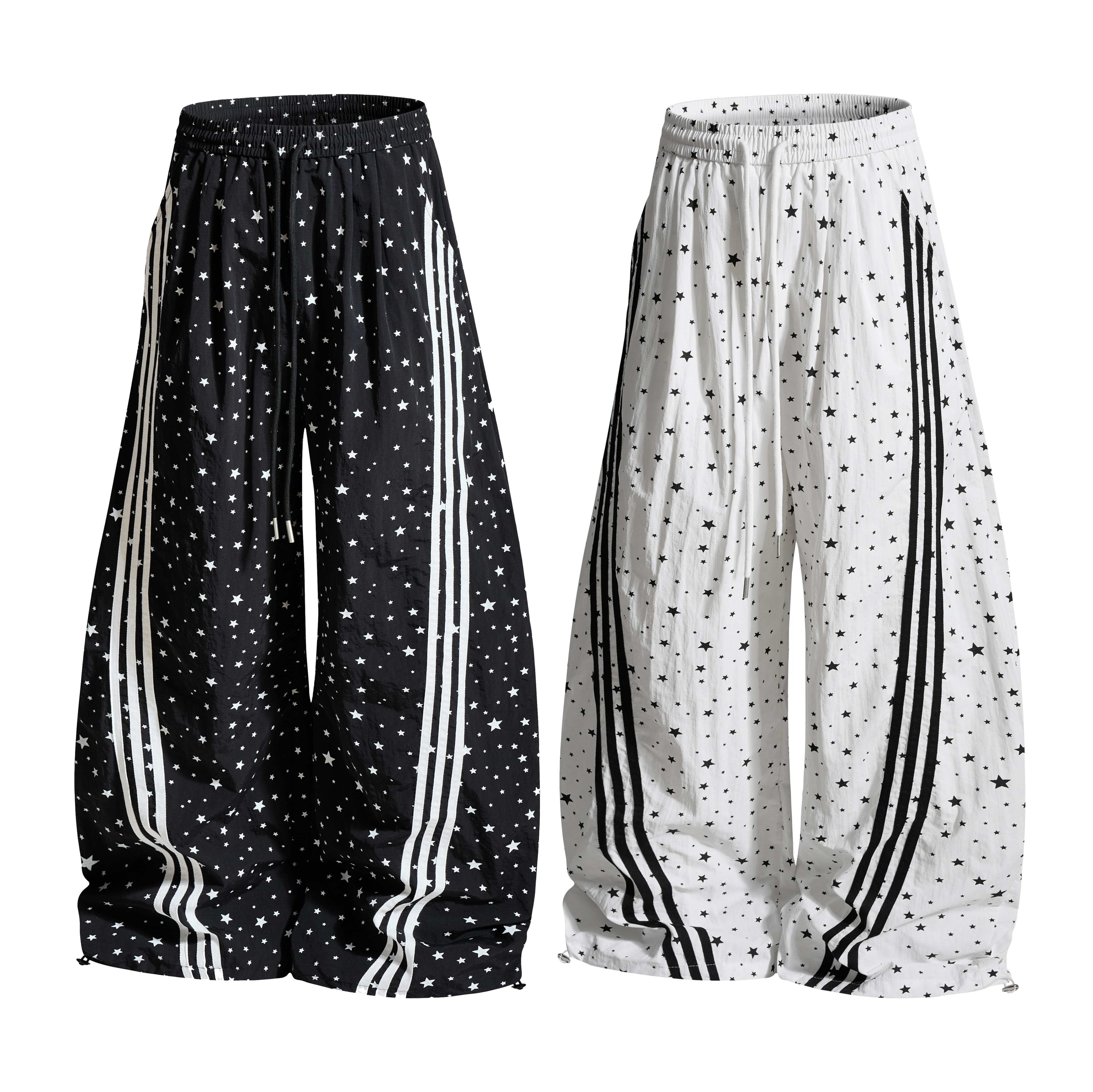Star Print Wide-Leg Track Pants with Side Stripes | Streetwear