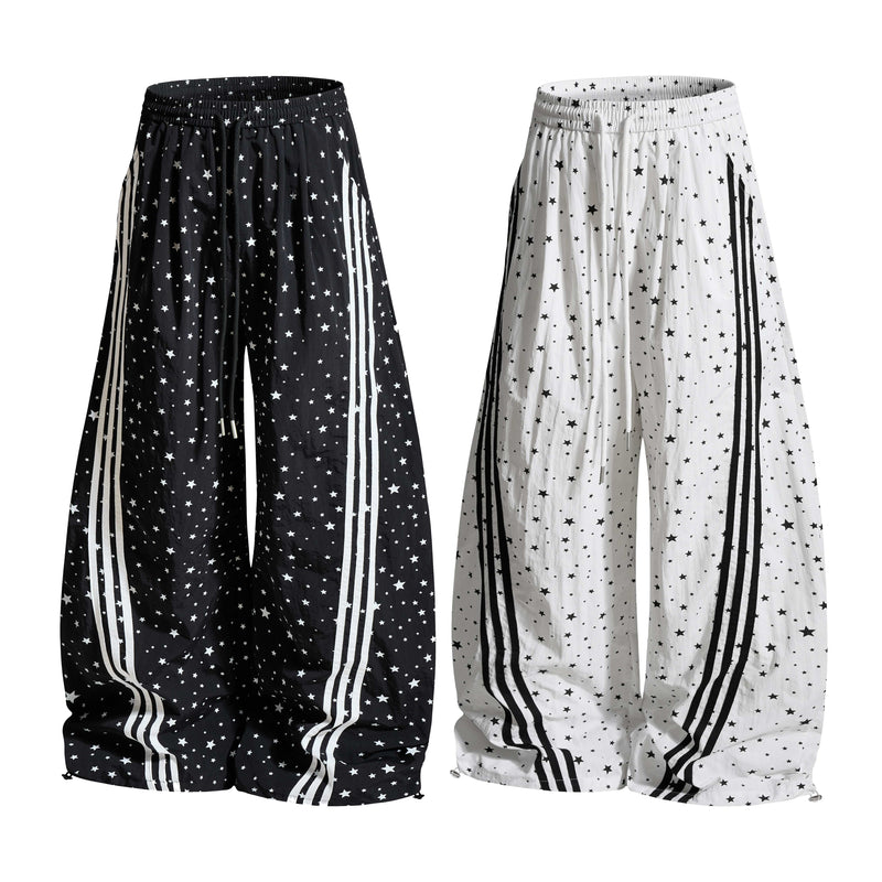 Star Print Wide-Leg Track Pants with Side Stripes | Streetwear