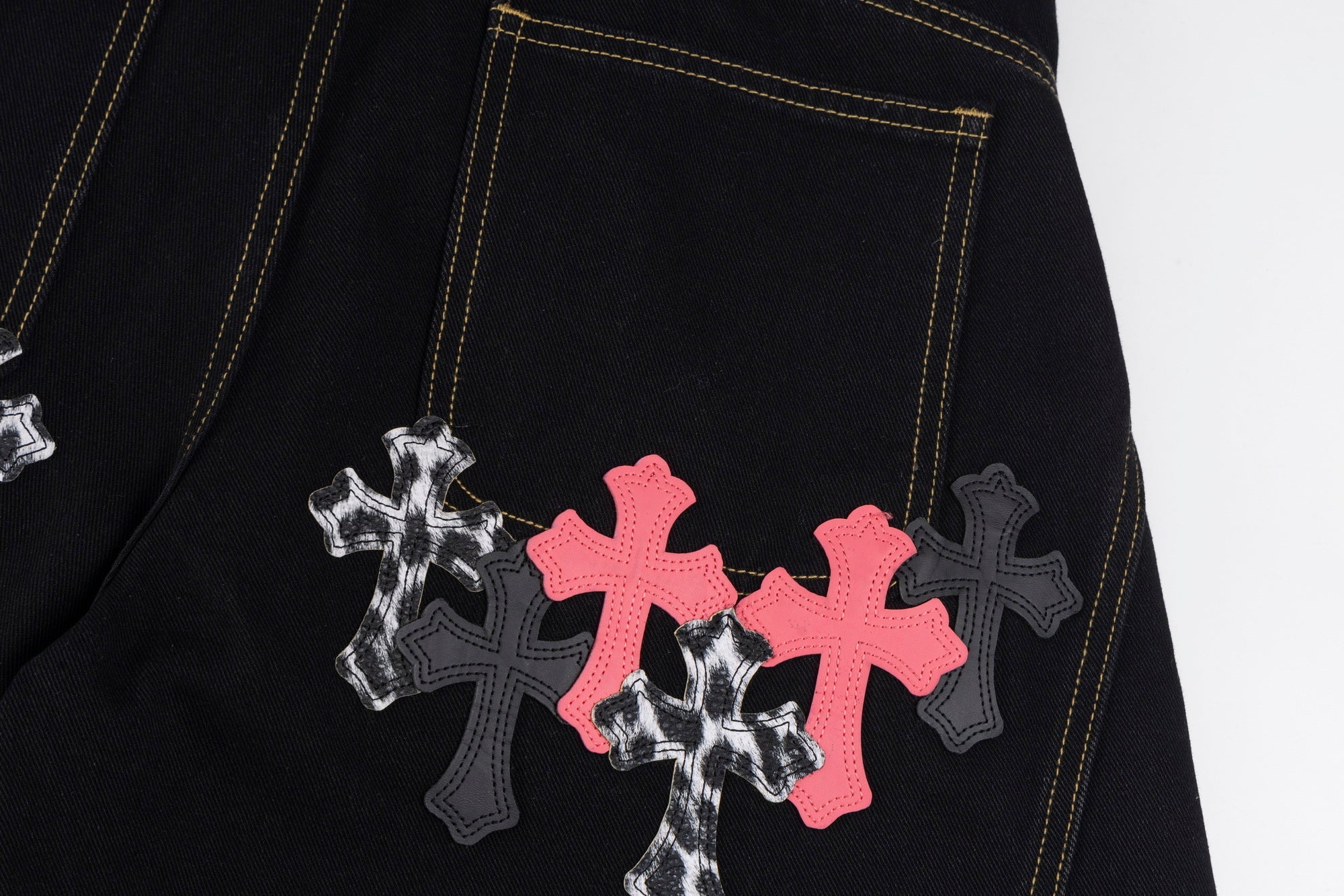 Gothic Cross Wide-Leg Jeans | Black Denim with Cross Patches