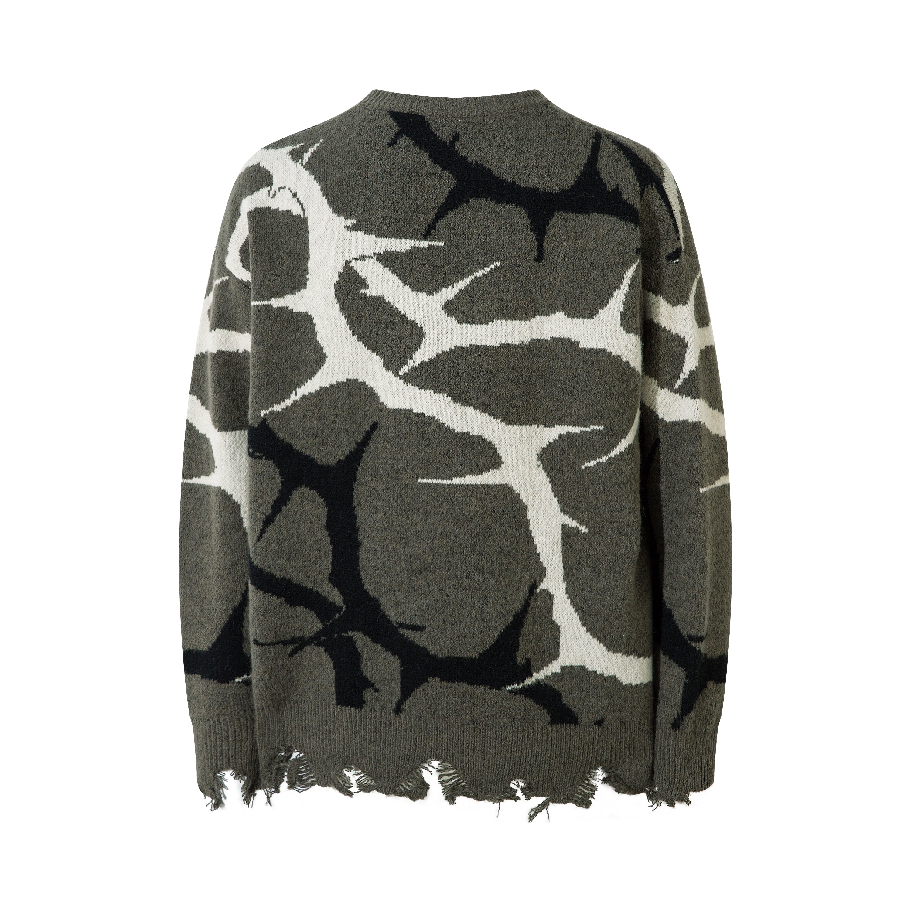 Abstract Camo Distressed Knit Sweater | Oversized Crew Neck