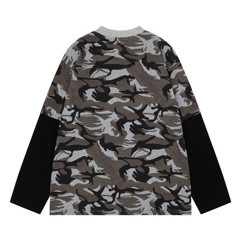 Back view of gray camo long sleeve tee with black sleeve panels and ribbed collar
