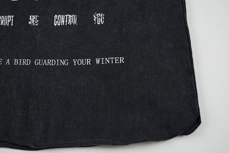 Black sleeveless distressed T-shirt with gothic text print and raw hem on a laid-flat streetwear top