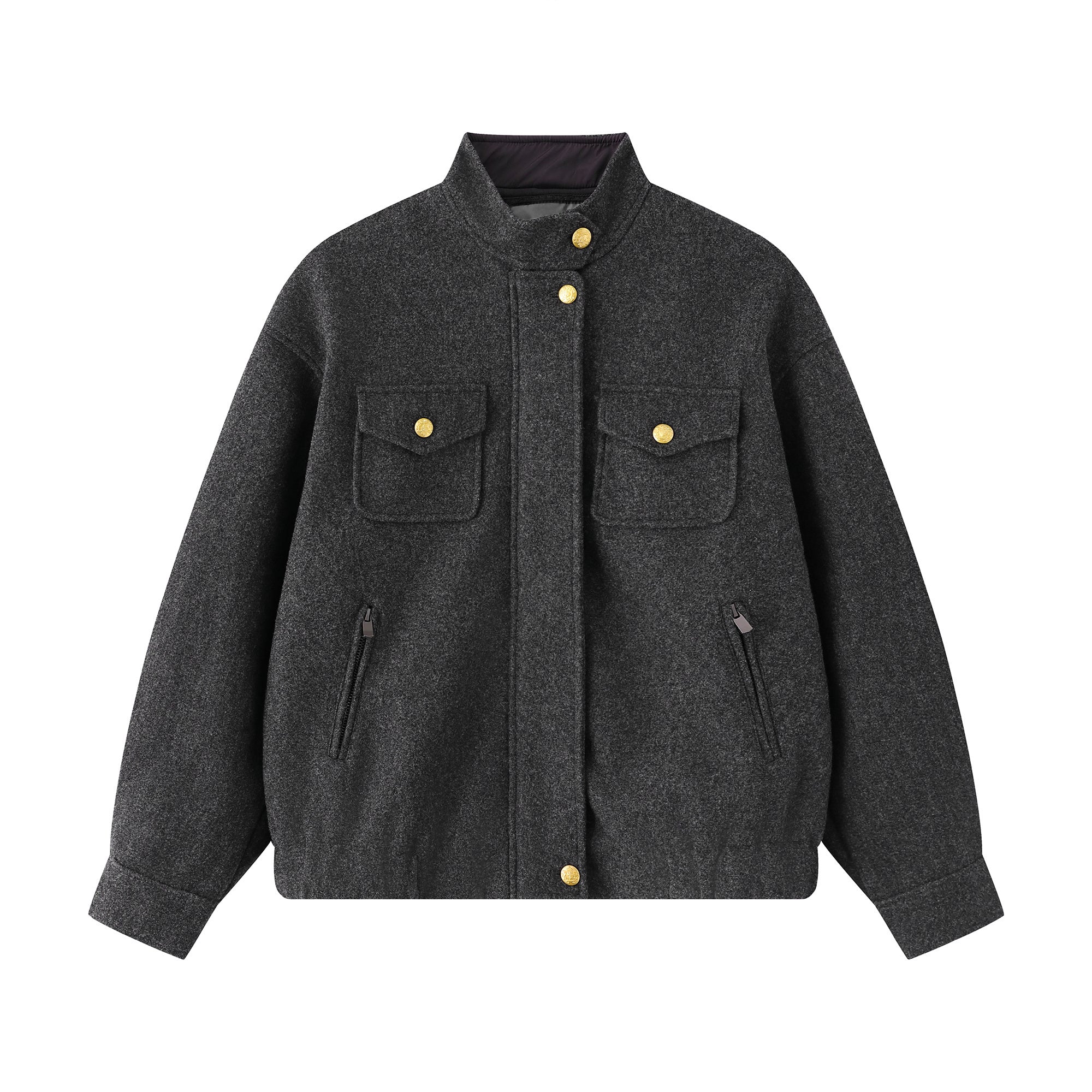 Omirad Utility Bomber Jacket | Gold-Tone Snap Stand Collar
