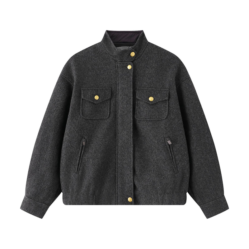 Omirad Utility Bomber Jacket | Gold-Tone Snap Stand Collar
