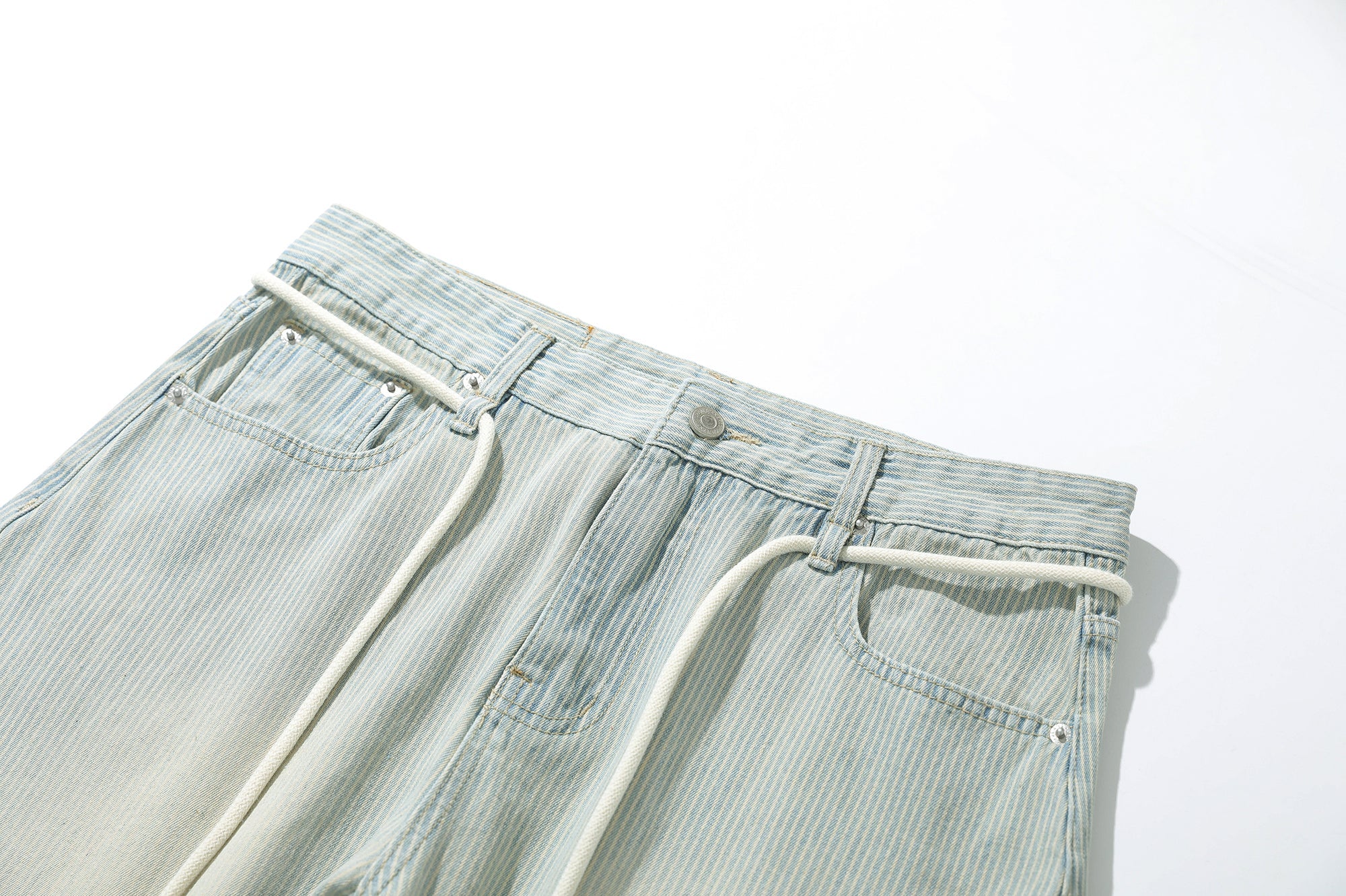 Washed Stripe Wide-Leg Denim Pants with Drawstring Waist