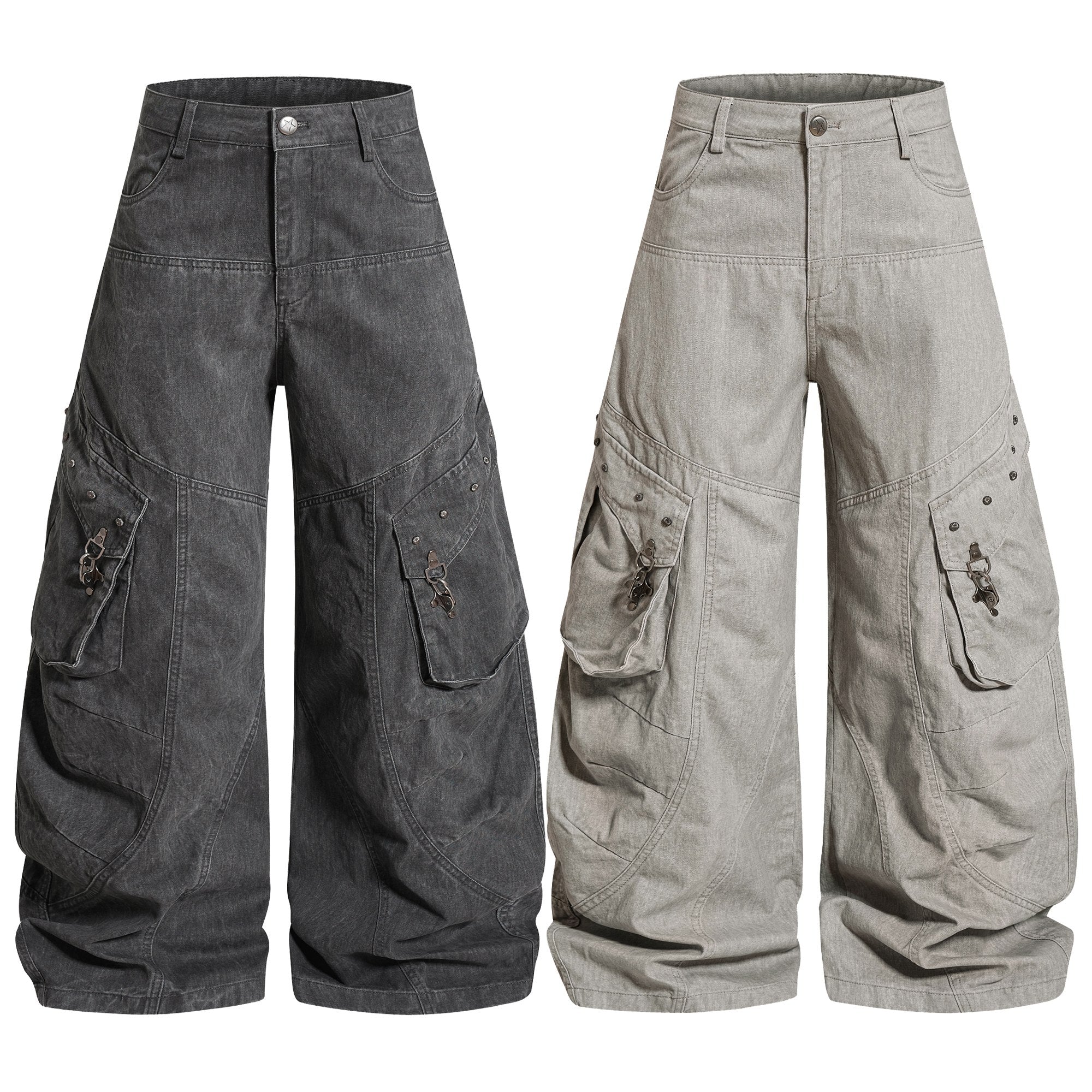 Omirad Utility Balloon Cargo Pants shown in washed charcoal and light grey, front view, wide-leg silhouette with metal clip h