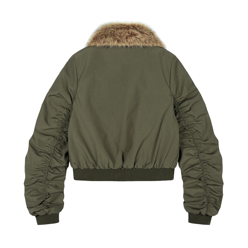 Detachable Faux Fur Scarf Bomber Jacket | Olive & Black