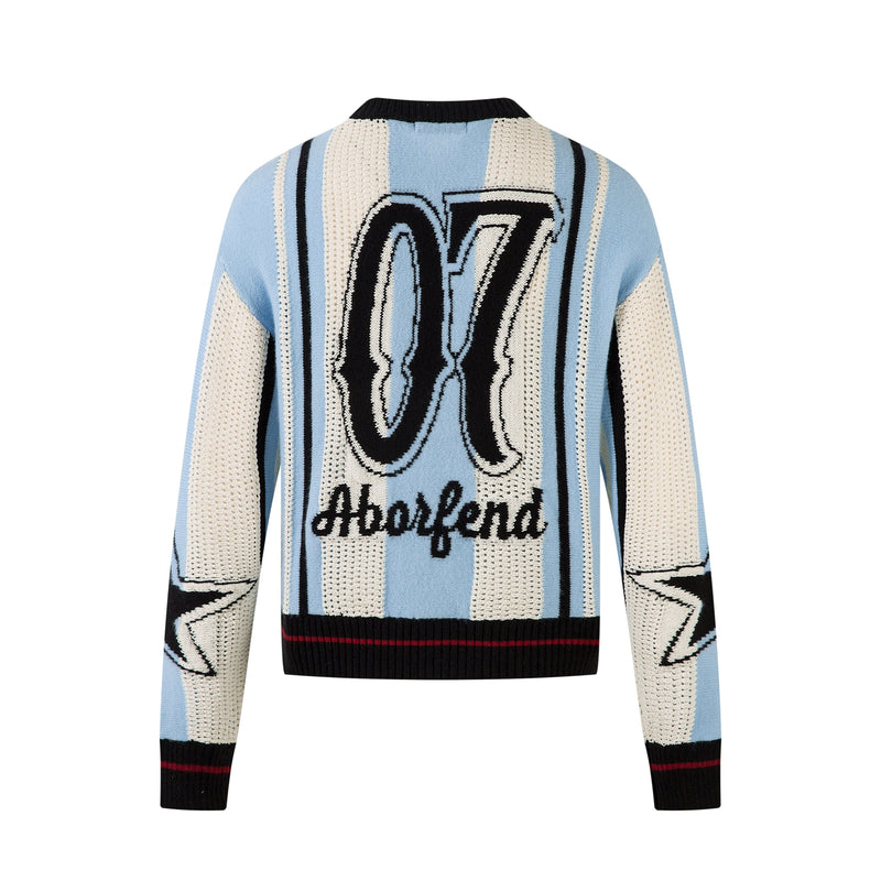 Back view of light blue and cream knit sweater with large number 07 graphic and striped trim