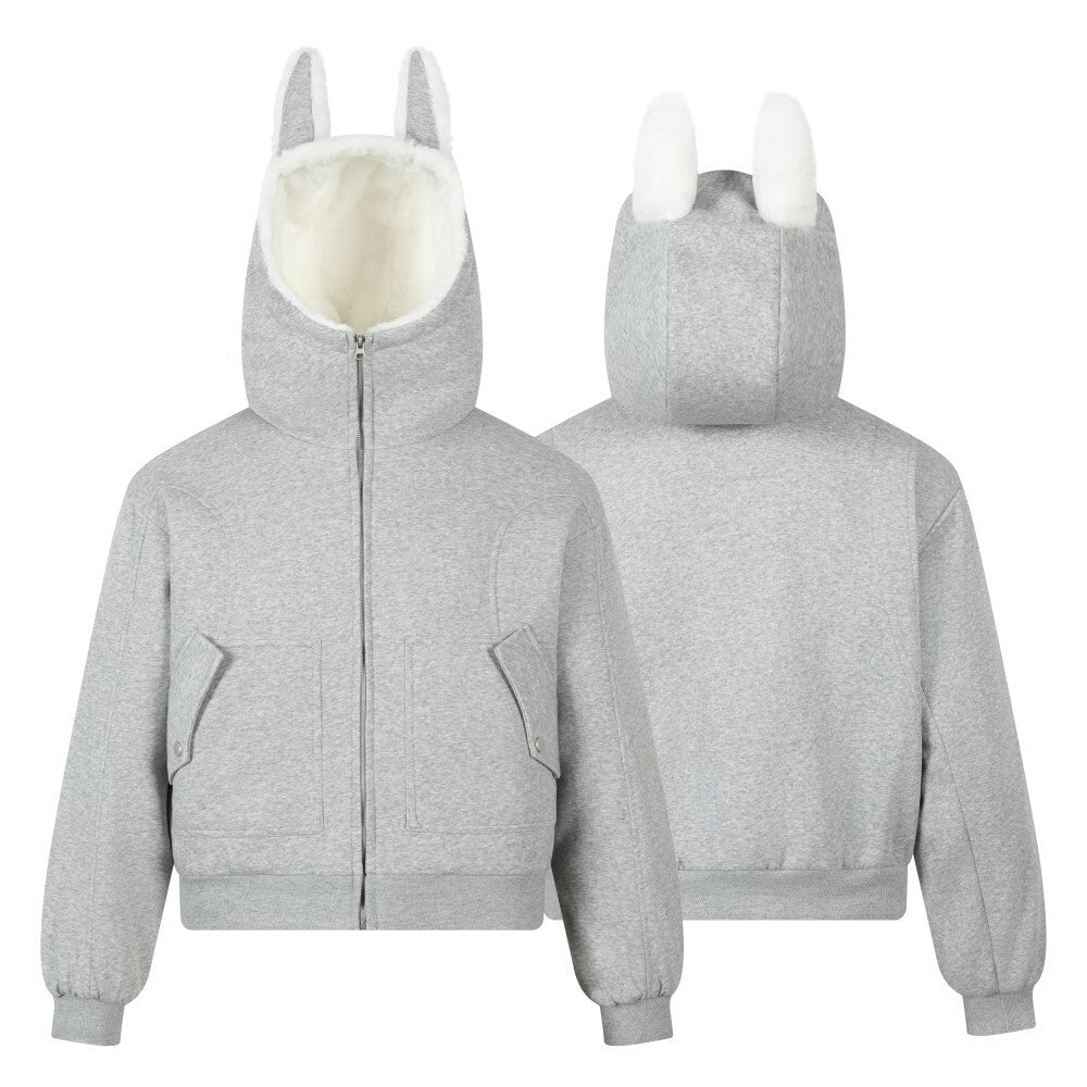 Bunny Ear Sherpa Lined Zip-Up Hoodie Jacket | Omirad