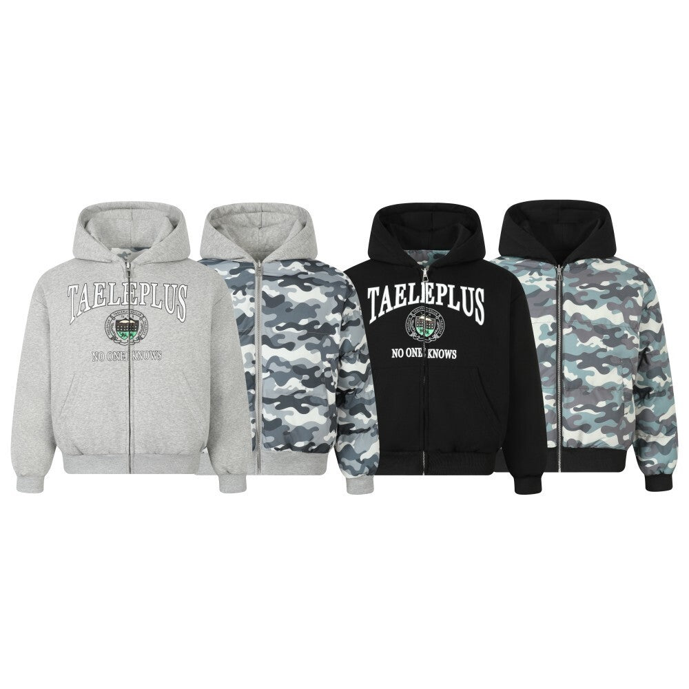 Reversible Camo Varsity Hoodie Jacket | TAELEPLUS Logo