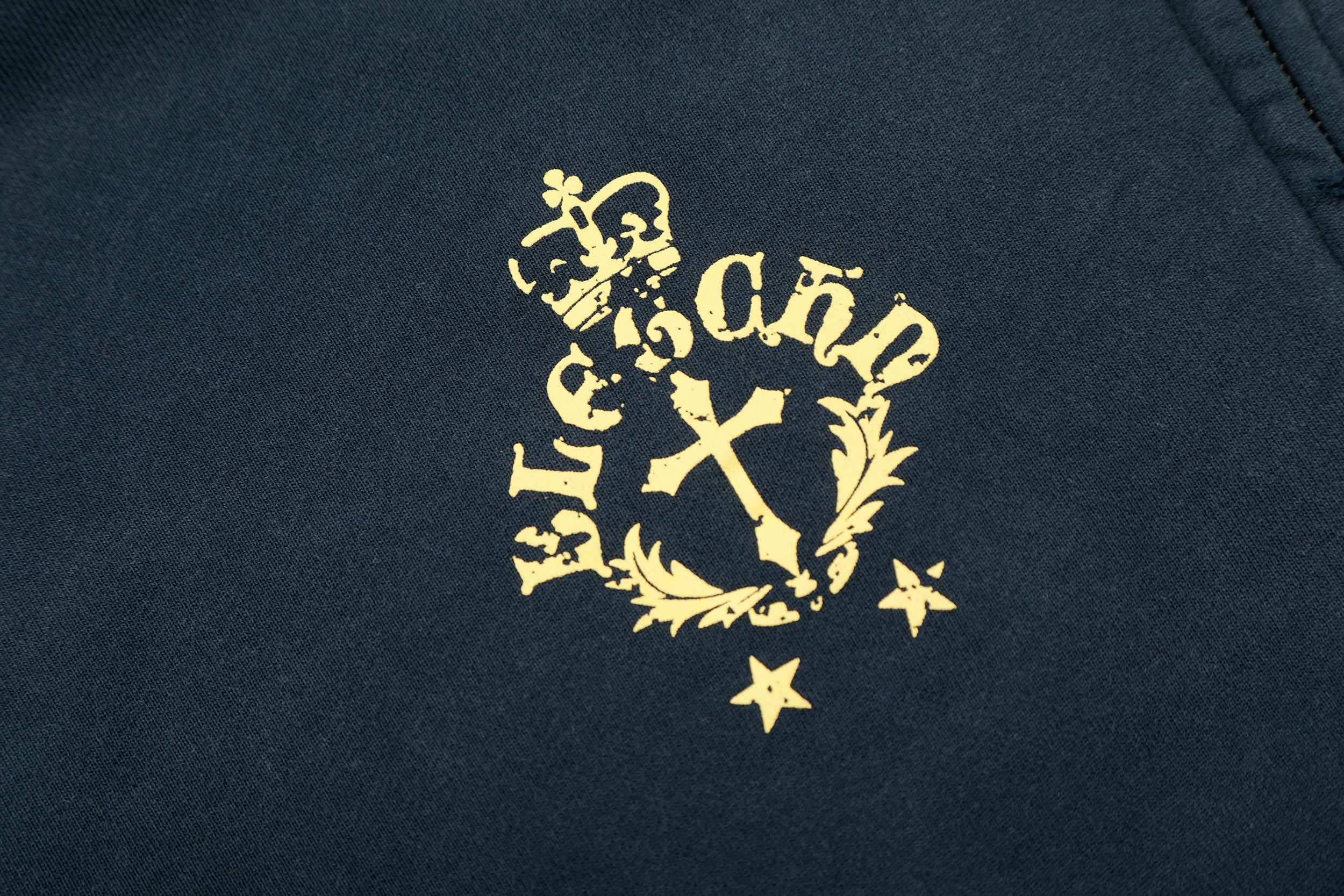 Distressed Crest Zip-Up Hoodie | Navy Gold Graphic Streetwear