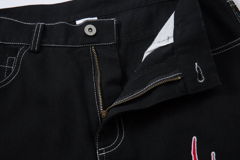 Flame Graphic Wide-Leg Black Denim Jeans | Streetwear