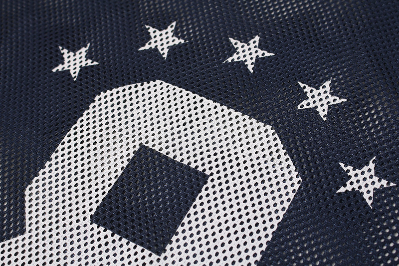 Navy mesh varsity jersey with large white No. 8 and star graphics in an oversized streetwear style