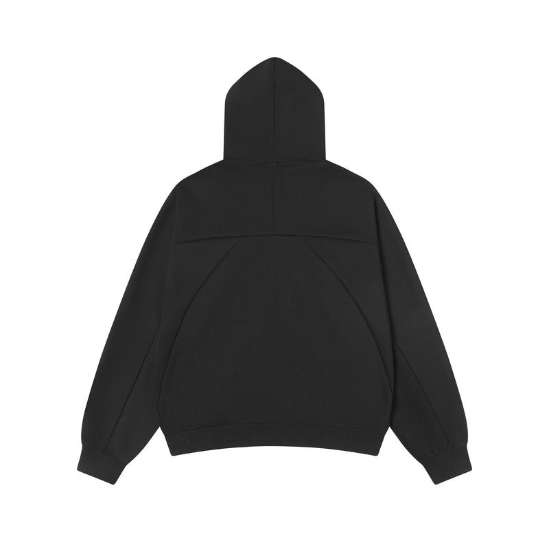 Black hoodie back view with hood seam and curved panel stitching
