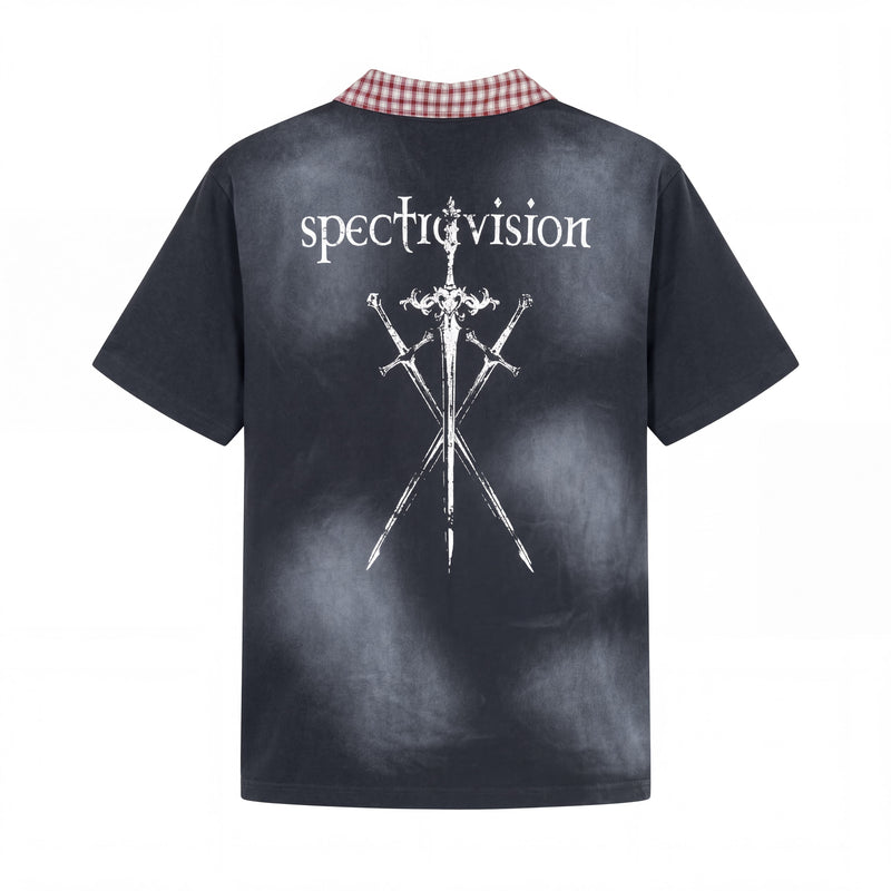 Black grunge graphic polo tee with checkered collar and oversized back print reading spectrovision with crossed swords