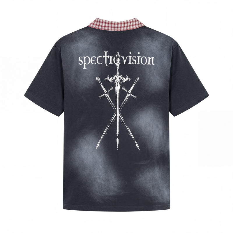 Black oversized distressed polo shirt with Spectraivision graphic, swords print, and red plaid collar detail