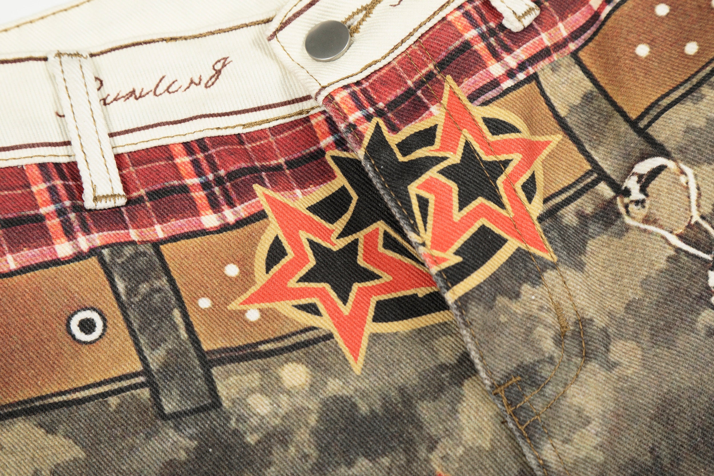 Camo Patchwork Wide-Leg Denim Pants with Chain Detail