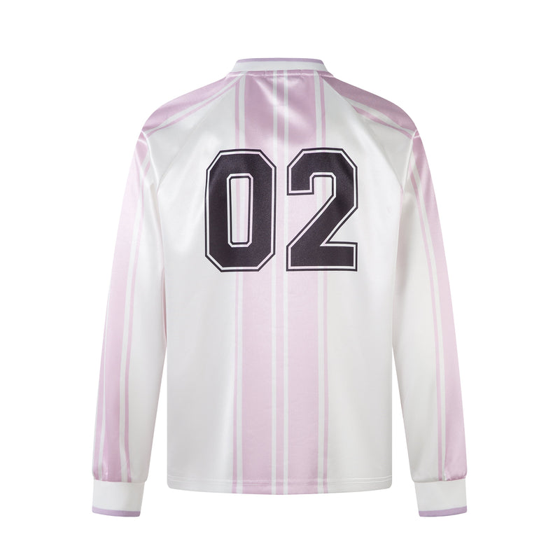 Back view of a white long sleeve jersey top with pink retro stripes and large black 02 graphic