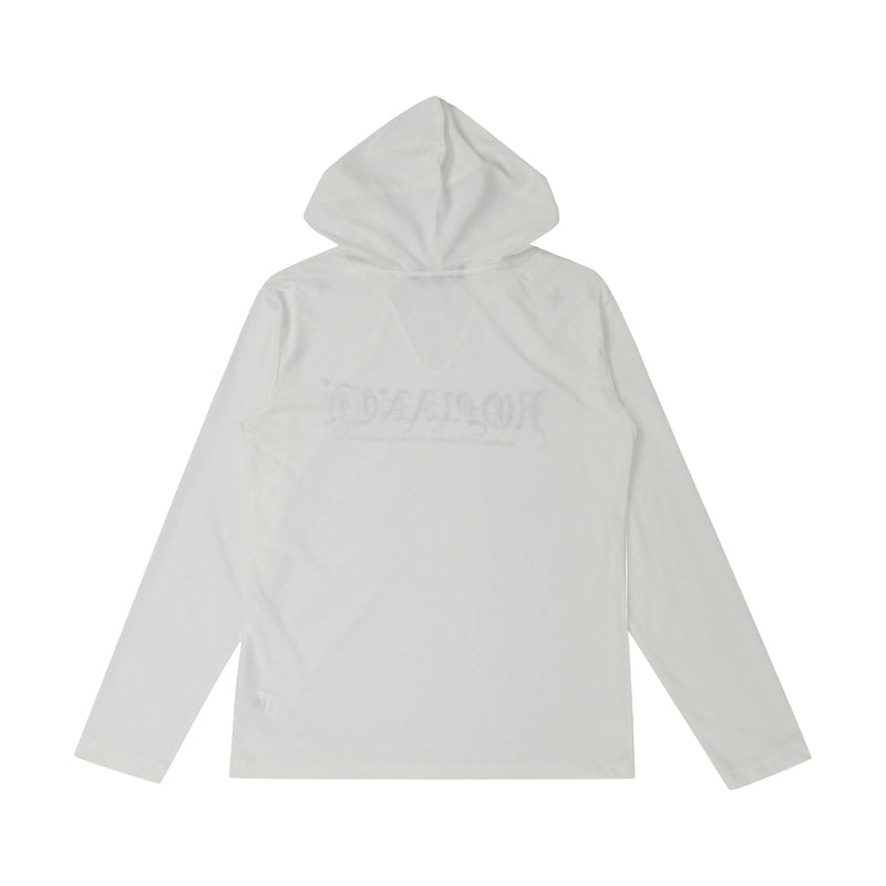 White hooded long sleeve top, back view with plain solid finish
