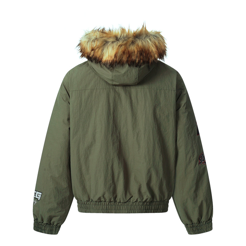 Varsity Patch Faux Fur Hooded Puffer Jacket | Army Green