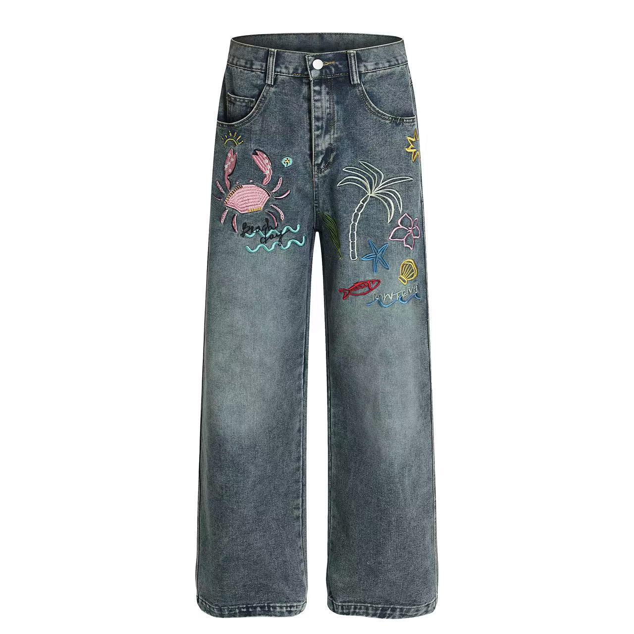 Tropical Embroidered Wide-Leg Denim Jeans | Beach Streetwear