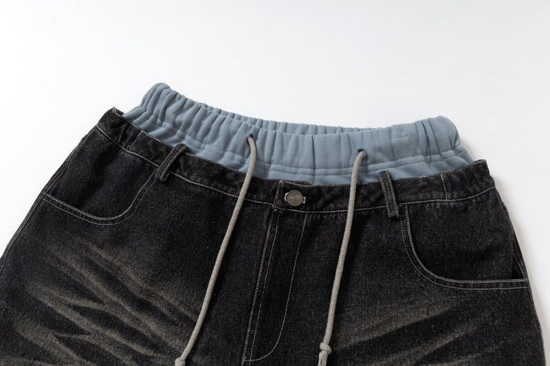 Omirad Dual-Tone Distressed Patchwork Barrel-Leg Jeans