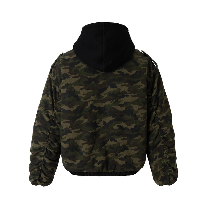 Omirad Camo Hook Detail Distressed Bomber Jacket with Hood