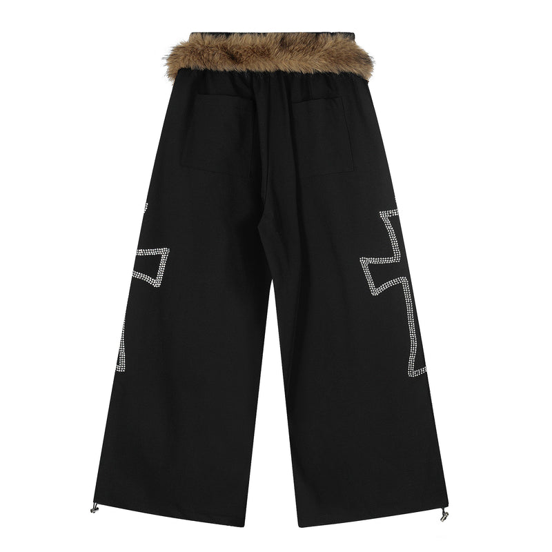 Rhinestone Cross Faux-Fur Wide-Leg Pants | Streetwear