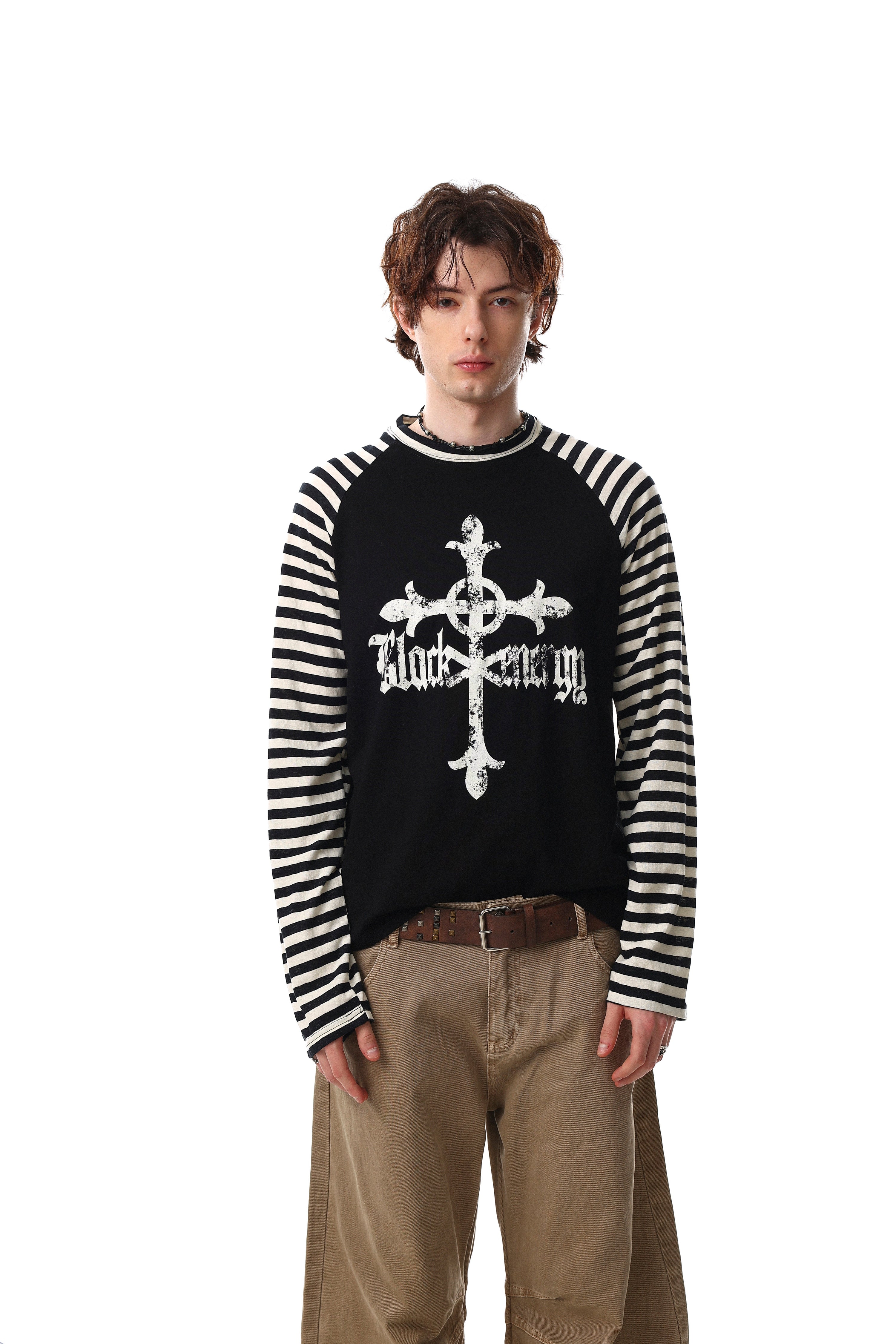 Gothic Cross Graphic Raglan Long Sleeve Tee | Striped Sleeves