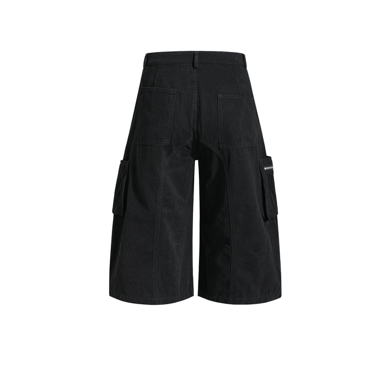 Black utility cargo shorts with back pockets, rear view