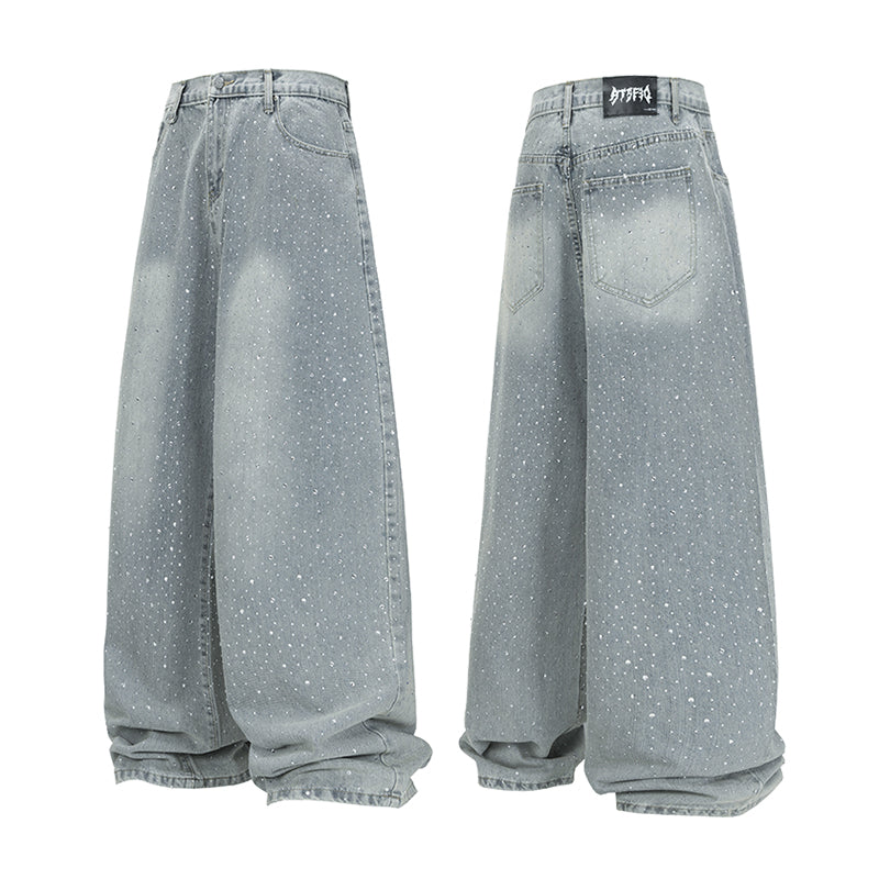 Light-Wash Rhinestone Wide-Leg Jeans | Oversized Stacked Denim