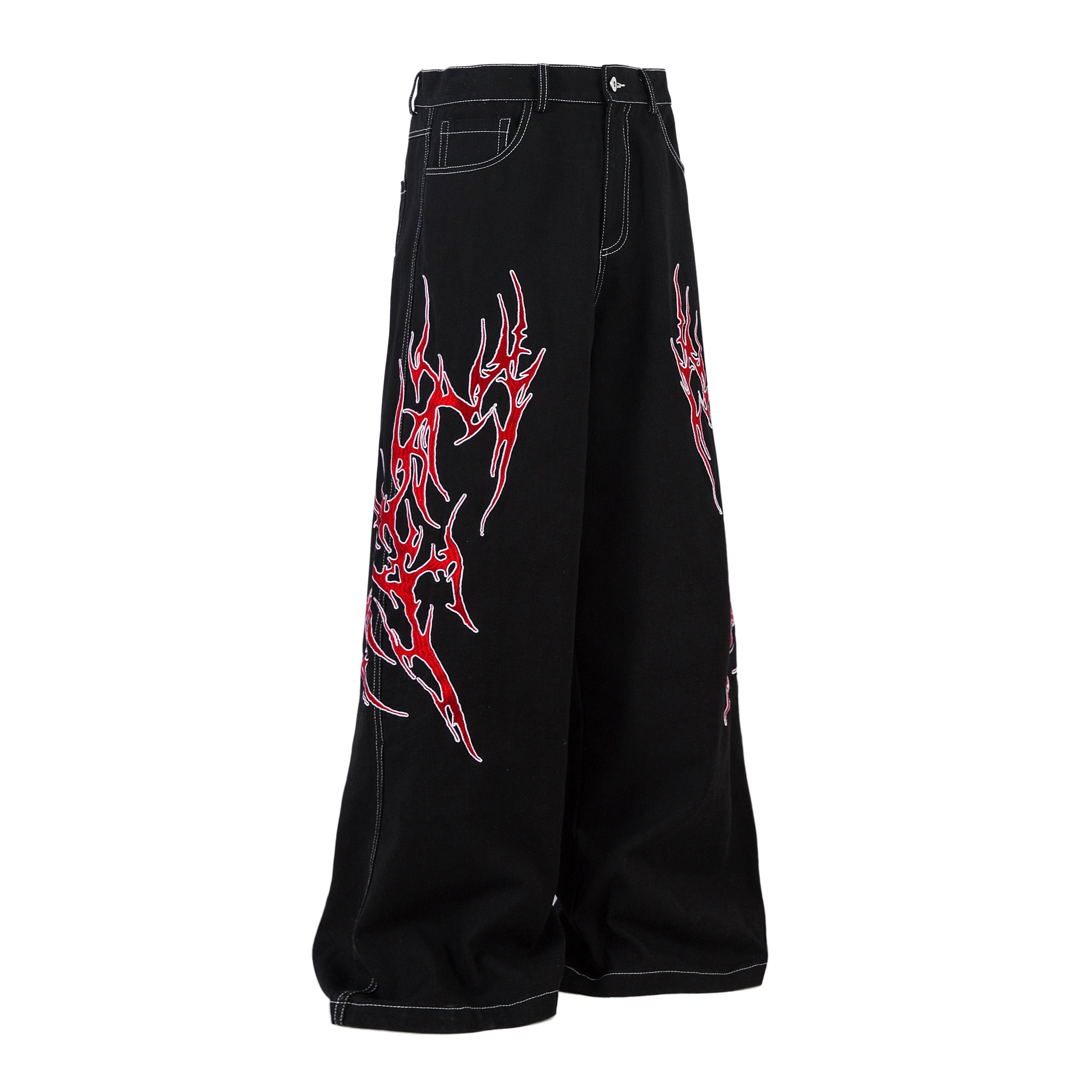 Flame Graphic Wide-Leg Black Denim Jeans | Streetwear