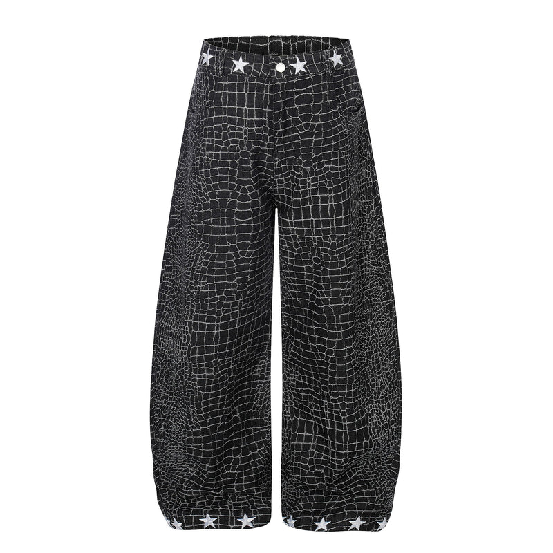 Black wide-leg pants with white star trim, front view
