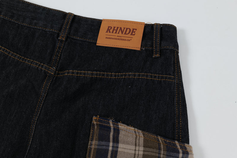 Plaid Patch Curved Seam Wide-Leg Denim Jeans | RHNDE