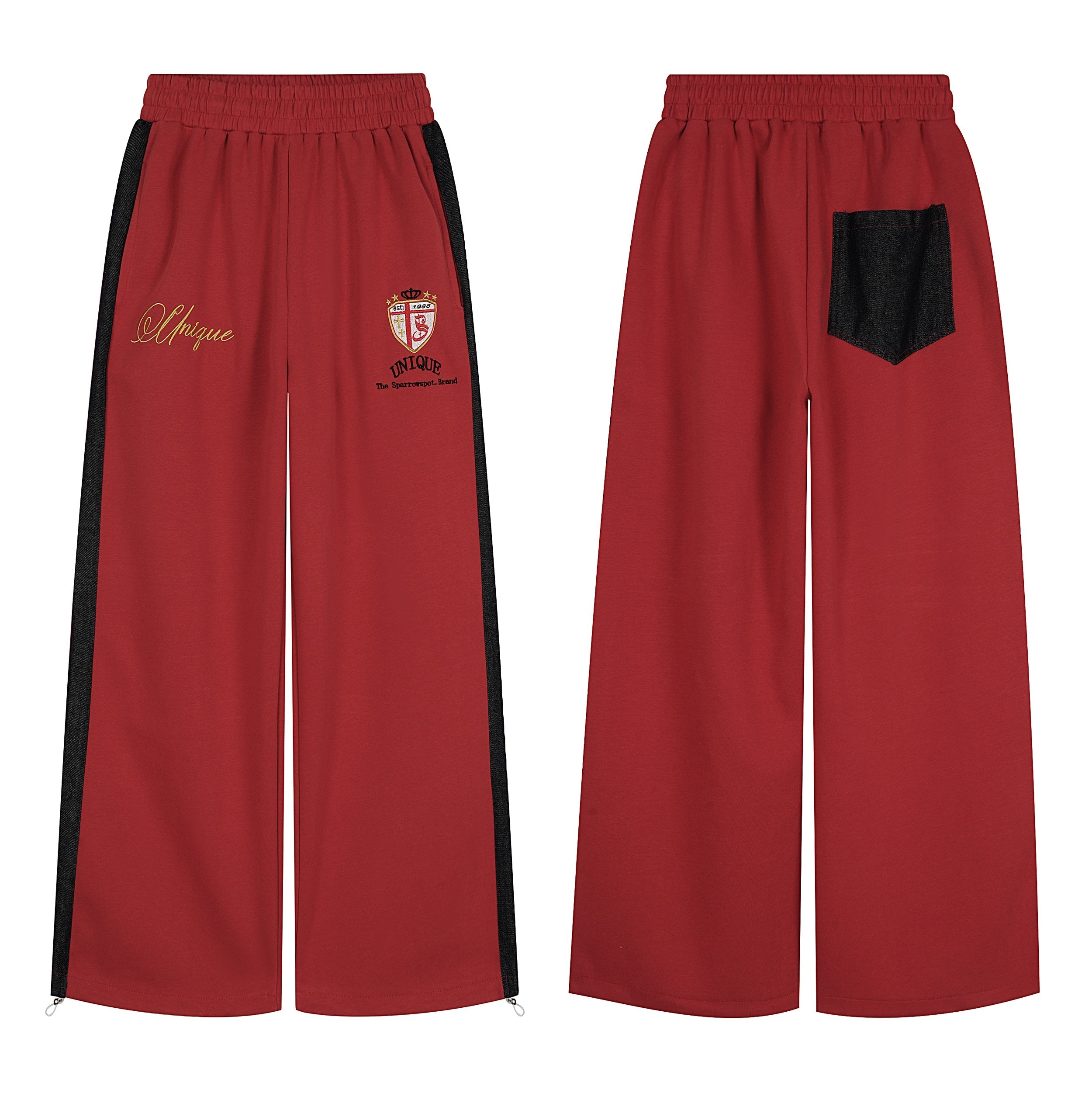 Red wide-leg track pants with black contrast side panels and embroidered crest graphic, front and back view
