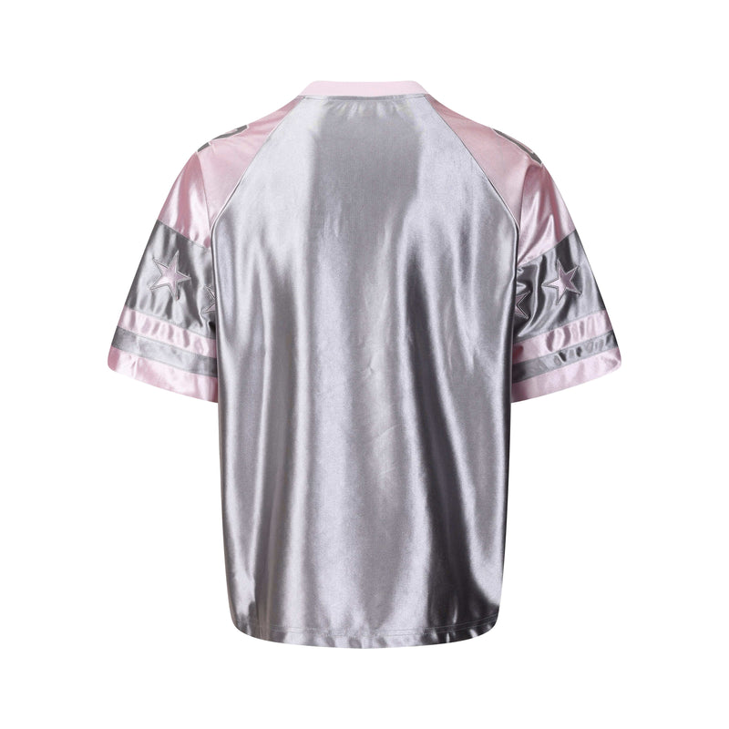 Metallic silver oversized varsity jersey tee with pink sleeves and star details, shown from the back on a white background