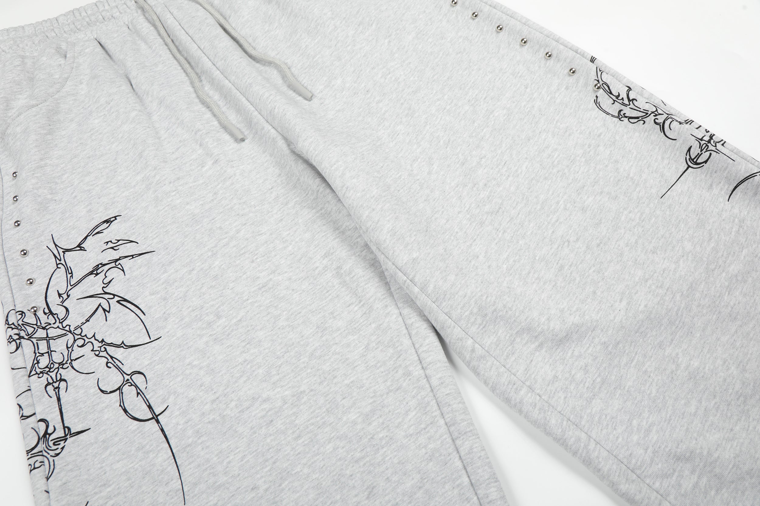 Gothic Line Graphic Wide-Leg Sweatpants with Side Rivets