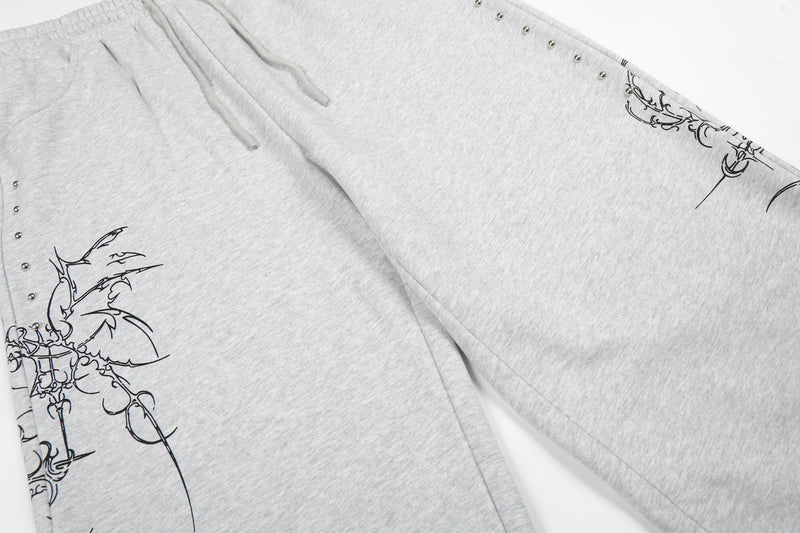 Gothic Line Graphic Wide-Leg Sweatpants with Side Rivets