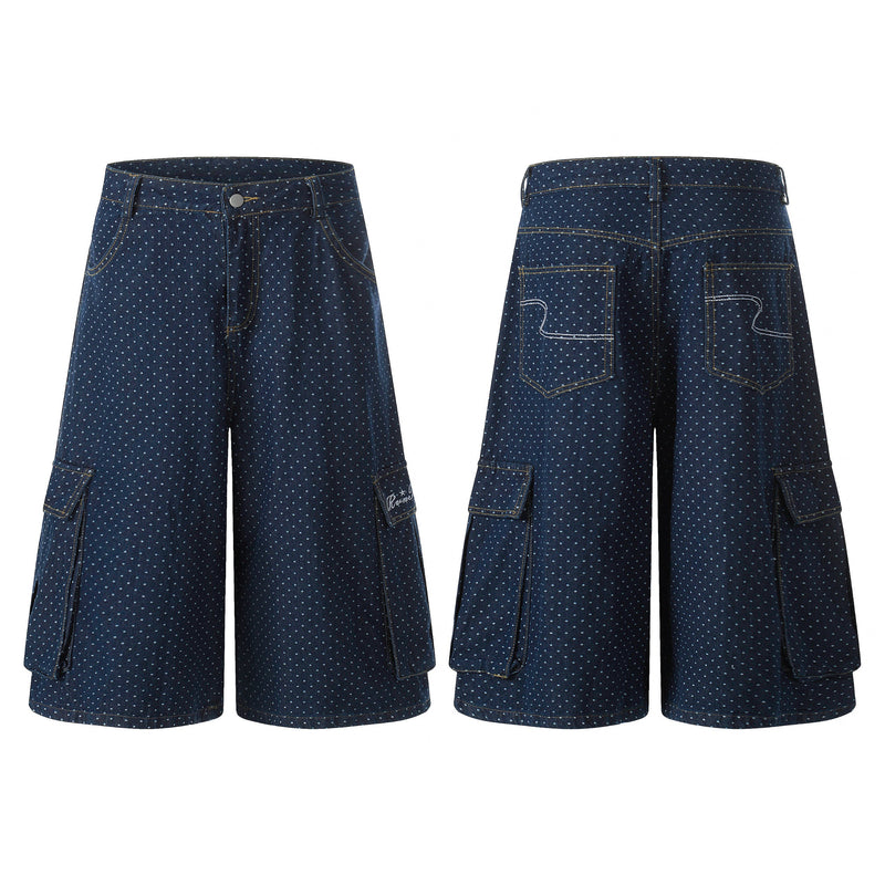 Front and back views of navy polka dot denim cargo shorts with wide legs and flap pockets