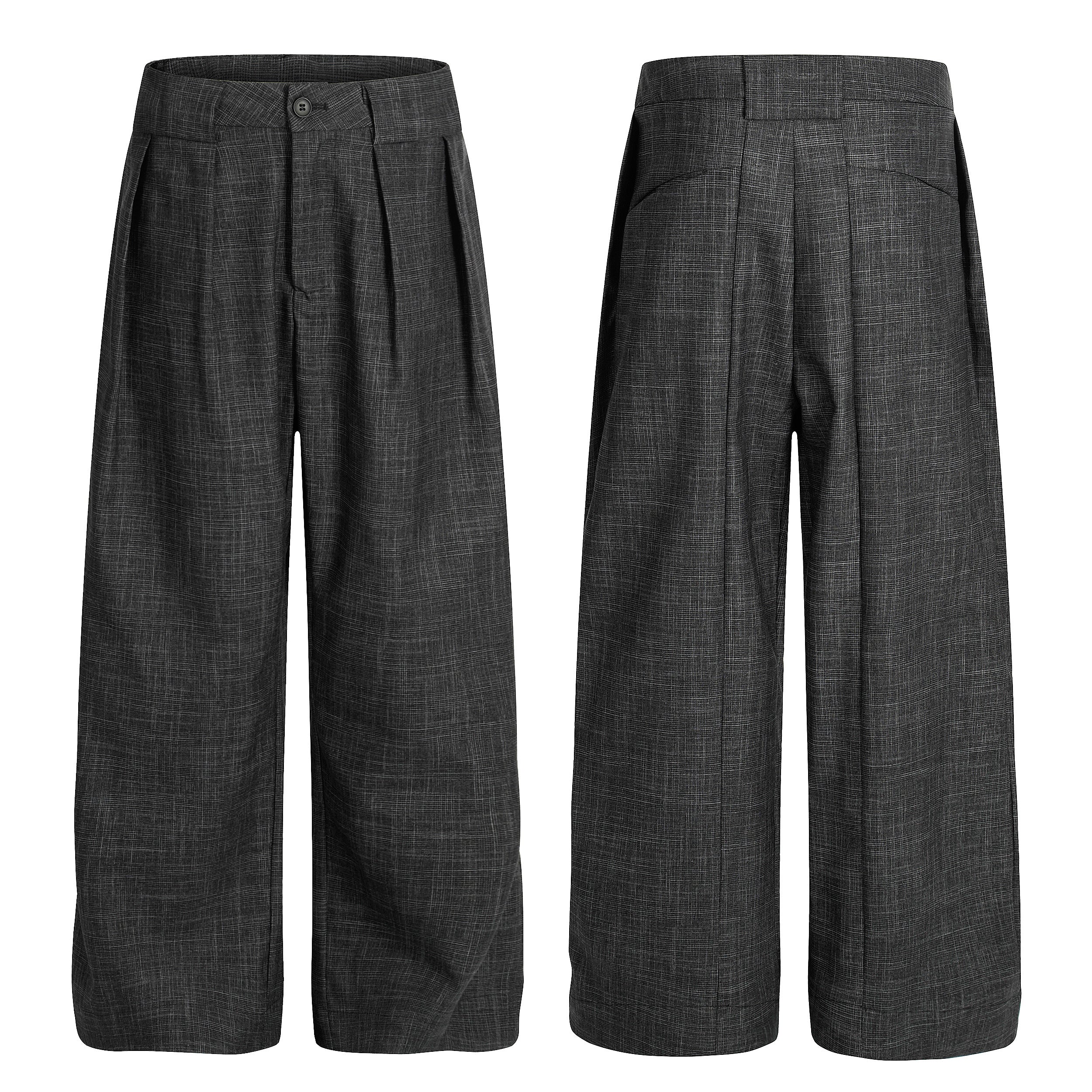 Dark charcoal wide-leg pleated trousers shown from front and back on white background