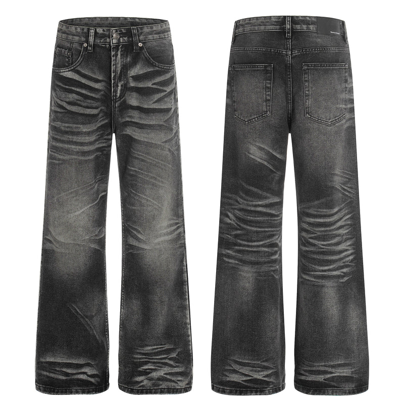 Black washed wide-leg jeans shown front and back with five pockets