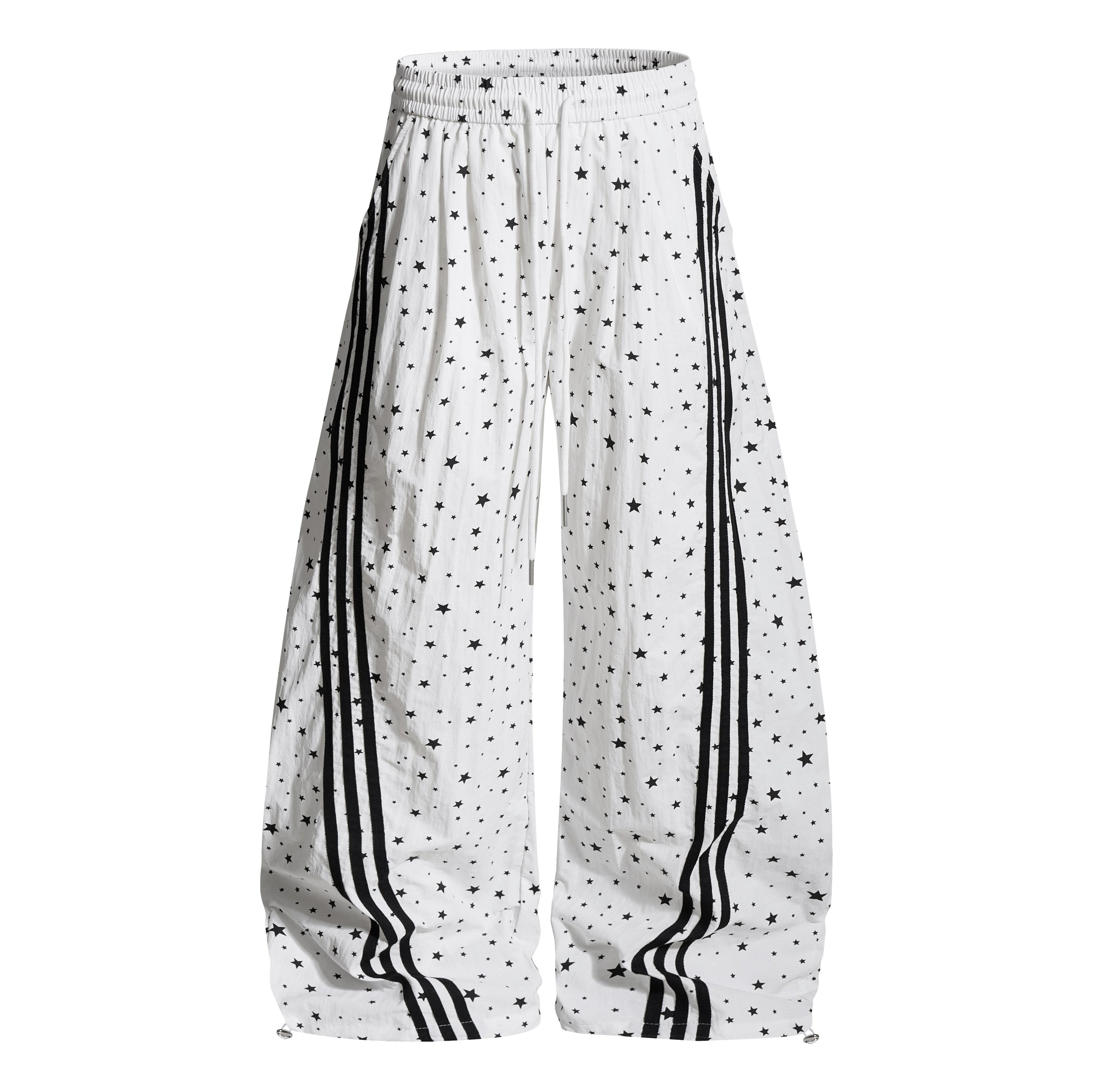 Star Print Wide-Leg Track Pants with Side Stripes | Streetwear